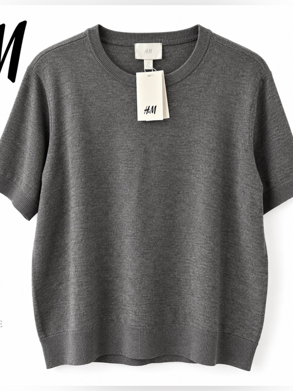 H&M Gray Short Sleeve Knit Sweater Top XL NWT Minimalist Quiet Luxury